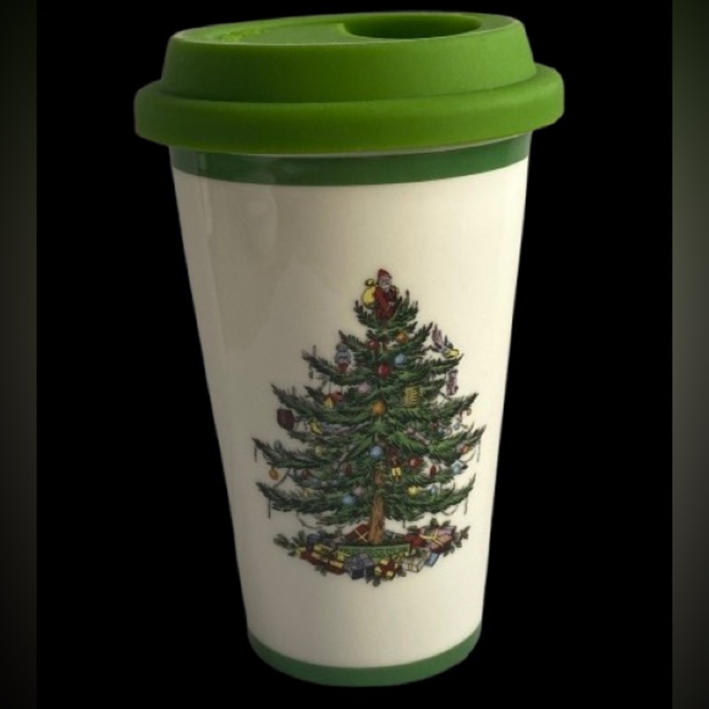 Spode Christmas Tree HolidaCeramic Travel Mug Green Silicon Lid 320 mL 11 oz